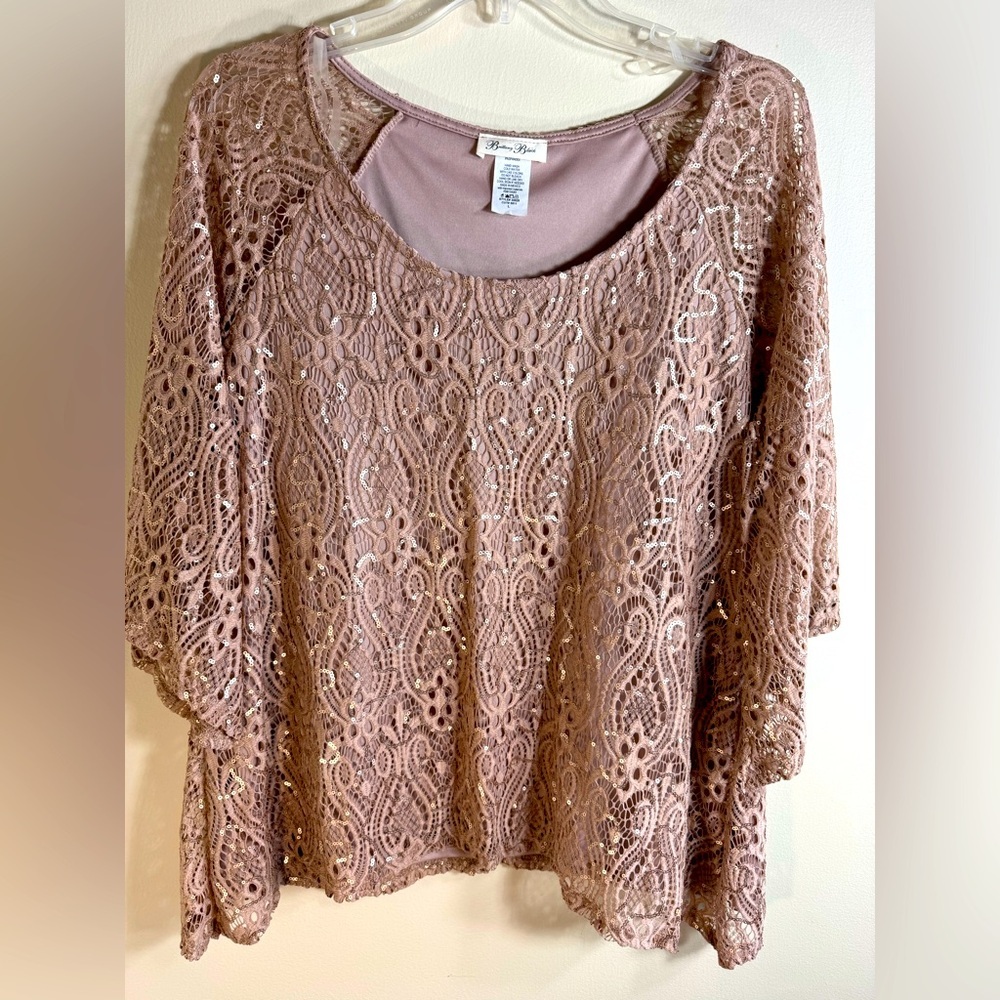 Brittany Black Pink Sequin Lace 3/4‎ Sleeve Blouse Women's Sz L